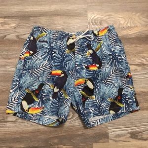 Trunks Surf & Swim Co Blue Tropical Tucan Print Mesh Lining Swim Trunks Medium